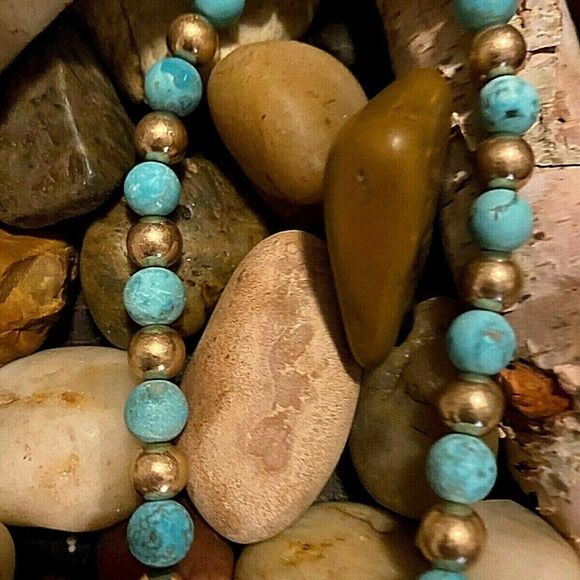 Teal Blue green gold Jasper Fall Necklace Beaded - Picture 6 of 12